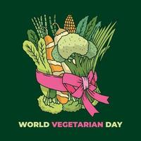 World vegetarian day hand drawn with vegetables and ribbon vector