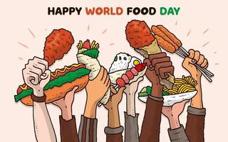 tenencias de manos para el ilustrador de dibujos animados del día mundial de la alimentación vector