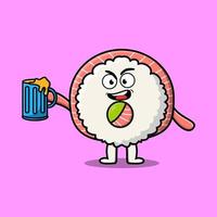 Rice sushi rolls sashimi cartoon with beer glass vector