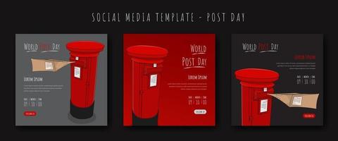 Set of social media post template with cylinder post box design in red and black for world post day vector