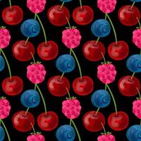 Seamless pattern with illustration of cherry raspberries and blueberries on a black background vector