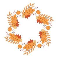 Wreath of colorful autumn leaves, flowers and pumpkin. Fall theme vector illustration. Thanksgiving day greeting card or invitation.