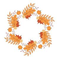 Wreath of colorful autumn leaves, flowers and pumpkin. Fall theme vector illustration. Thanksgiving day greeting card or invitation.