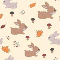 Vector cute Rabbit Seamless Pattern. Little wild animal Background with leaves, berries and mushrooms for Kids. Thanksgiving cute pattern.