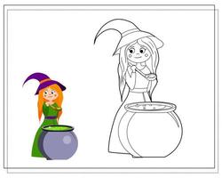 Coloring book for kids, cartoon witch cooks a potion in a cauldron. Vector isolated on a white background.