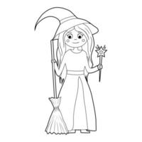 Coloring book for kids, cartoon witch stands with a broom. Vector isolated on a white background.