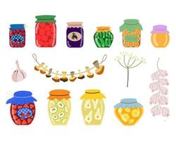 A set of preparations for the winter, jars of jam and pickles, dried mushrooms, a bundle of garlic in a cartoon style. Vector isolated on a white background