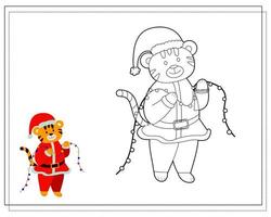 Coloring book for kids, cartoon tiger holding a garland. Vector isolated on a white background.