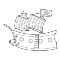Coloring book for kids, pirate ship. Vector isolated on a white background.