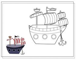 Coloring book for kids, pirate ship. Vector isolated on a white background.