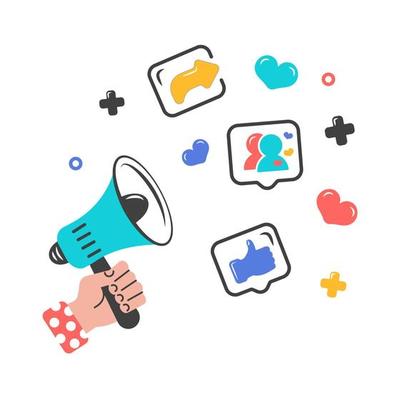 Human hand holding loudspeaker. Speaker with Social media icons. Concept of adding subscribers, likes, message, attract attention. Template for add, advertising. Vector. Flat cartoon style.