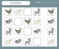 Sudoku game for children with   wild pets. Kids activity sheet . vector