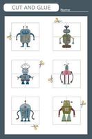 worksheet vector design, the task is to cut and glue a piece on colorful  robots .  Logic game for children.