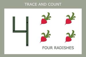 A game of tracing the outlines of the number four with radish . Preschool worksheet, kids activity sheet, printable worksheet vector