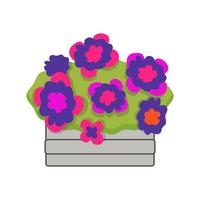 Bright flowers in a wooden box. Vector cartoon illustration