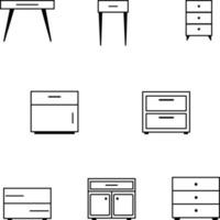 Vector icon of bedside table, modern furniture design. Bedside wooden chest of drawers, carpentry. Decorative table, linear pictogram. Dresser furniture line icon. Monochrome contour illustration.