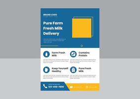 pure farm-fresh milk delivery flyer poster leaflet design template. dairy farm-fresh milk flyer poster design. vector