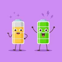 Vector illustration of a cartoon concept in the form of a cute battery icon with a decreasing level of battery energy. Use flat design style.