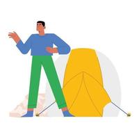 Man standing in front of tent for camping vector