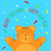 feliz navidad y feliz año nuevo tarjeta de felicitación. tigre feliz adecuado para fondo, póster, etc. vector