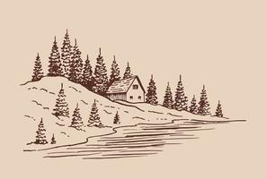 Landscape with pine trees and country house. Hand drawn illustration converted to vector. vector