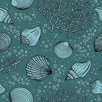 Seamless pattern with seashells, corals. Marine background. Vector illustration in sketch style.