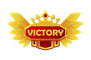 Victory pop up golden assets award with crown for game. Vector illustration golden banner with wings and red flags.