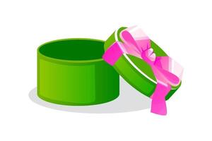 Round open green gift box with bow for games. Vector illustration empty box graphic element.