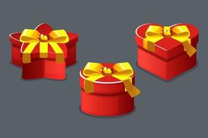 regalos de cajas rojas cerraron diferentes formas aisladas para el juego. ilustración vectorial establecer regalos con forma de corazón, estrella y círculo con arco. vector