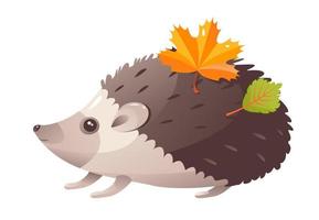 Hedgehog with leaves on needles. A forest beast. Cartoon vector illustration on a white background