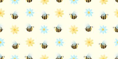 Seamless pattern with cartoon bees and flowers. Vector illustration