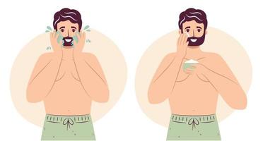 Skincare routine concept. Happy young man washes face with cleanser and soap and applying face moisturizing cream or lotion on cheek,, handsome bearded male enjoying skincare procedure. Men hygiene vector