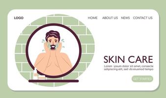 Webpage landing Skin care routine concept. Happy young man washes face with cleanser and soap, handsome bearded male enjoying skincare procedure. Men hygiene vector