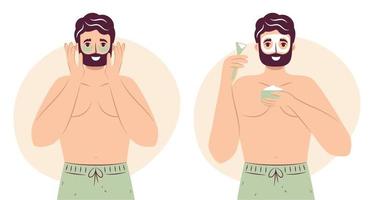 Skincare routine concept. Happy young man use apply under eye anti-wrinkle patches and use clay mask on his face, pore removal handsome bearded male enjoying skincare procedure. Men hygiene vector