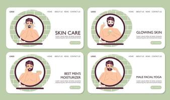 Web page landing Skin care routine concept set Men hygiene for online store. Handsome bearded man washing, doing face cleaning hygiene, using cream, patches, face mask cosmetics doing face massage.