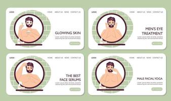 Web page landing Skin care routine concept set Men hygiene for online store. Handsome bearded man washing, doing face cleaning hygiene, using cream, patches, face mask cosmetics doing face massage. vector