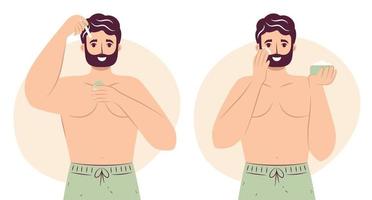 Skincare routine concept. Happy young man applying serum to his face with a dropper  and applying face moisturizing cream or lotion on cheek, handsome bearded male enjoying skincare procedure. vector