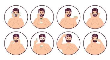 Skincare routine concept set. Happy  handsome bearded man washing, doing face cleaning hygiene, using cream, patches, face mask cosmetics doing face massage, enjoying skincare procedure. Men hygiene vector