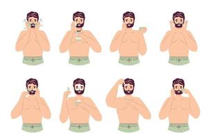 Skincare routine concept set. Happy  handsome bearded man washing, doing face cleaning hygiene, using cream, patches, face mask cosmetics doing face massage, enjoying skincare procedure. Men hygiene vector