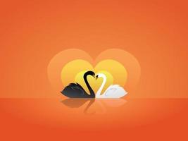 Black and white swan in love sunset Valentine's day vector illustration