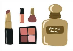 A set of various makeup cosmetics. Lipsticks, nail polishes, eau de toilette, blush. Color flat vector illustration isolated on a white background.