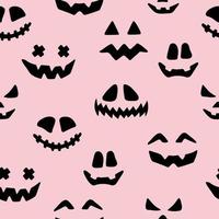 Seamless pattern of Halloween themed Jack O lantern faces, scary ghost faces in solid black color on pink background. vector illustration