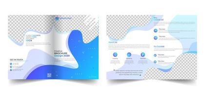 Business bi fold brochure design. With blue gradient shapes, front page design layout template with bleed size vector template