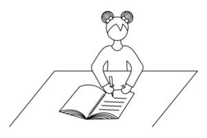 A schoolgirl does her homework, writes in a notebook with a pen, sitting at a table in a doodle style vector