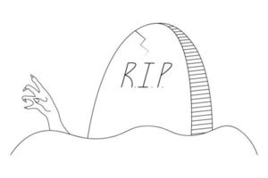 The dead man's hand reaches out from under the gravestone. Inscription - Rest in Peace. Gnarled fingers with sharp nails. Sketch. Vector illustration. Outline on an isolated white background.