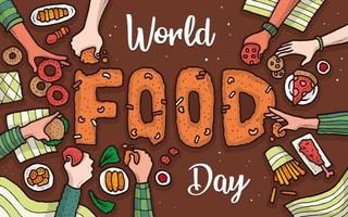 Happy world food day with hands people holding bread and cake drawing illustration