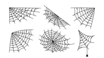 conjunto dibujado a mano web negro. patrones de malla de araña con adorno de fiesta de halloween. trampa pegajosa de líneas vectoriales peligrosas entrelazadas vector