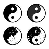 Yin Yang set 4 styles. Sun, Moon, Light, Night, Cat, Black and White vector