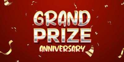 Grand Prize anniversary gold and silver text effect with red background and confetti