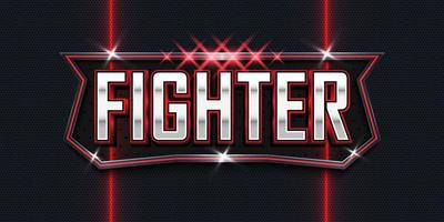 Fighter 3d text effect logo with red incandescent light and metal emblem vector